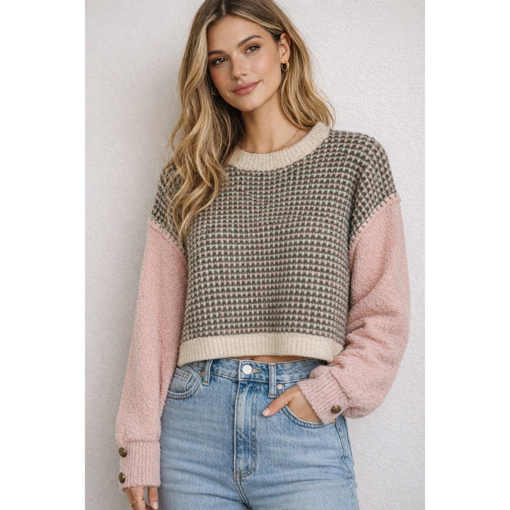 POL Cropped Sweater‎ Pink Soft Fuzzy Button Detail Sleeve Women's L Boho Cozy